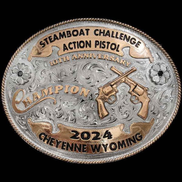 "This classic design will make a beautiful trophy buckle for your western event. Crafted on a hand-engraved, German Silver base with a silver plated finish. Detailed with a fine Jewelers Bronze rope edge, German Silver flowers and Jewelers Bronze ban
